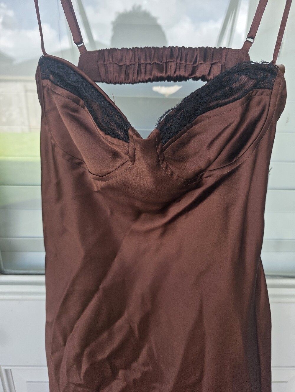 Seni & Cade Slip Dress Women XS Brown Satin Lace Trim Mini Night Out NWT Y2k - Picture 5 of 12
